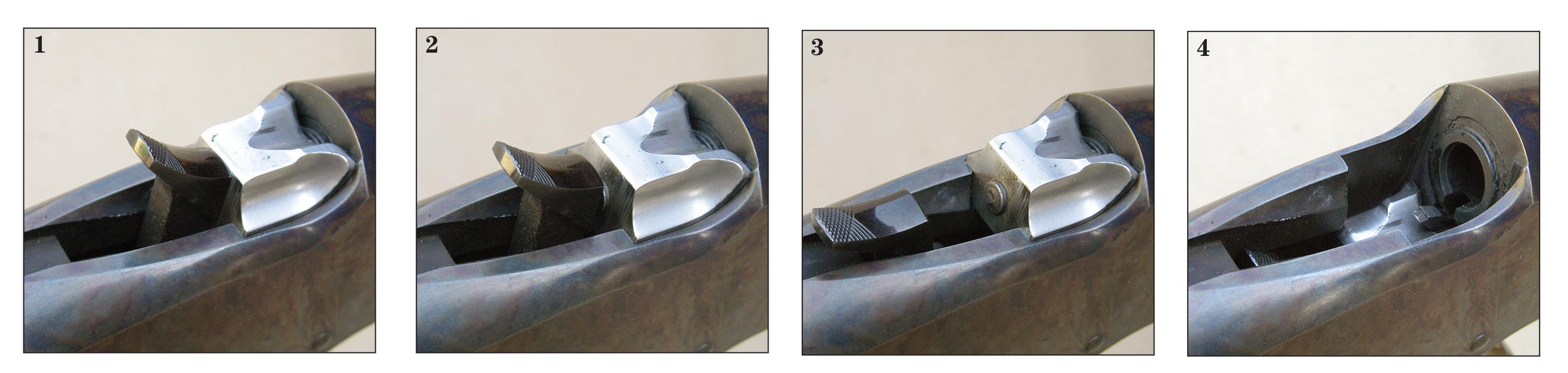 From left, (1) the hammer of the Browning Low Wall .45 Colt is fully forward, (2) half-cock or “safety” position, (3) full-cock and ready to fire and (4) breechblock down for loading, which automatically cocks the hammer.